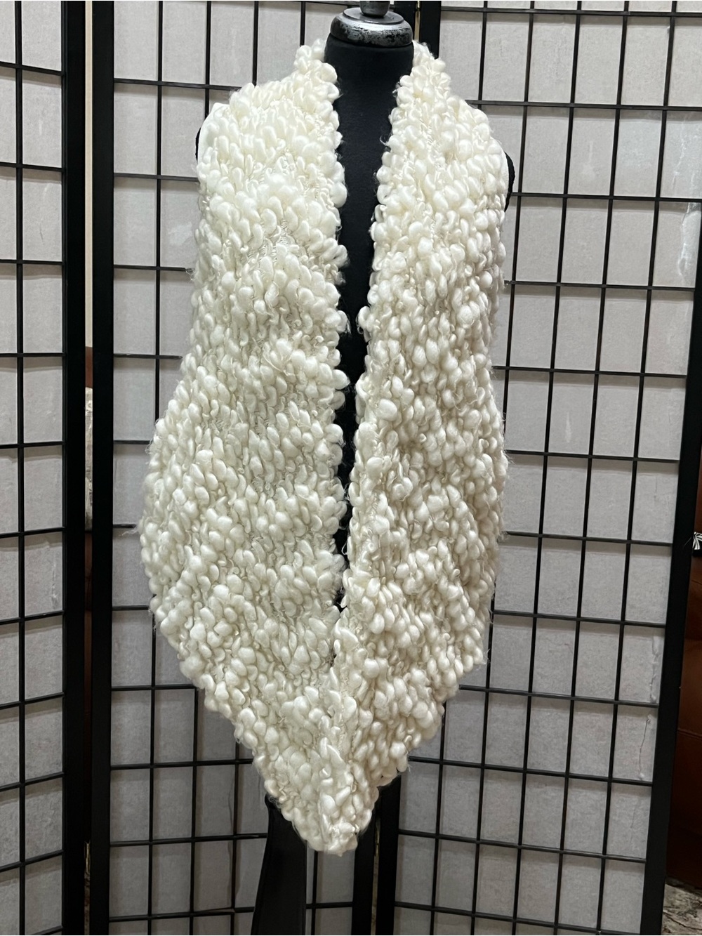 MIHA FELIX IVORY SHAGGY  LOOPED FRONT VEST, GRAY SUEDE LEATHER BACK SIZE S